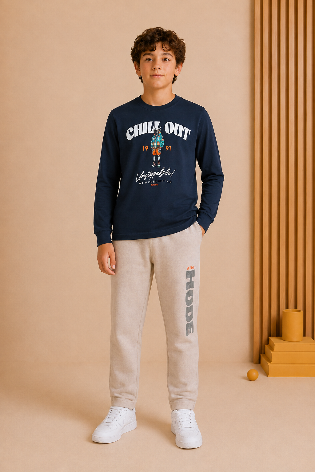Junior Boys Dark Navy Cotton Blend Full Sleeve Pre-Winter T-Shirt – Regular Fit Graphic Round Neck Tee