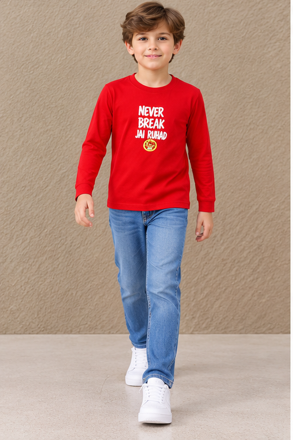 Junior Boy Cotton Sinker Prewinter Full Sleeve Graphic T-Shirt – Round Neck, Tomato Red