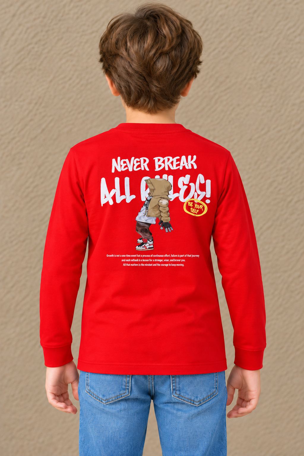 Junior Boy Cotton Sinker Prewinter Full Sleeve Graphic T-Shirt – Round Neck, Tomato Red