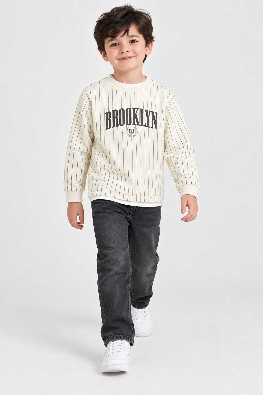Junior Boys Cream Seersucker Full Sleeve T-Shirt – Regular Fit