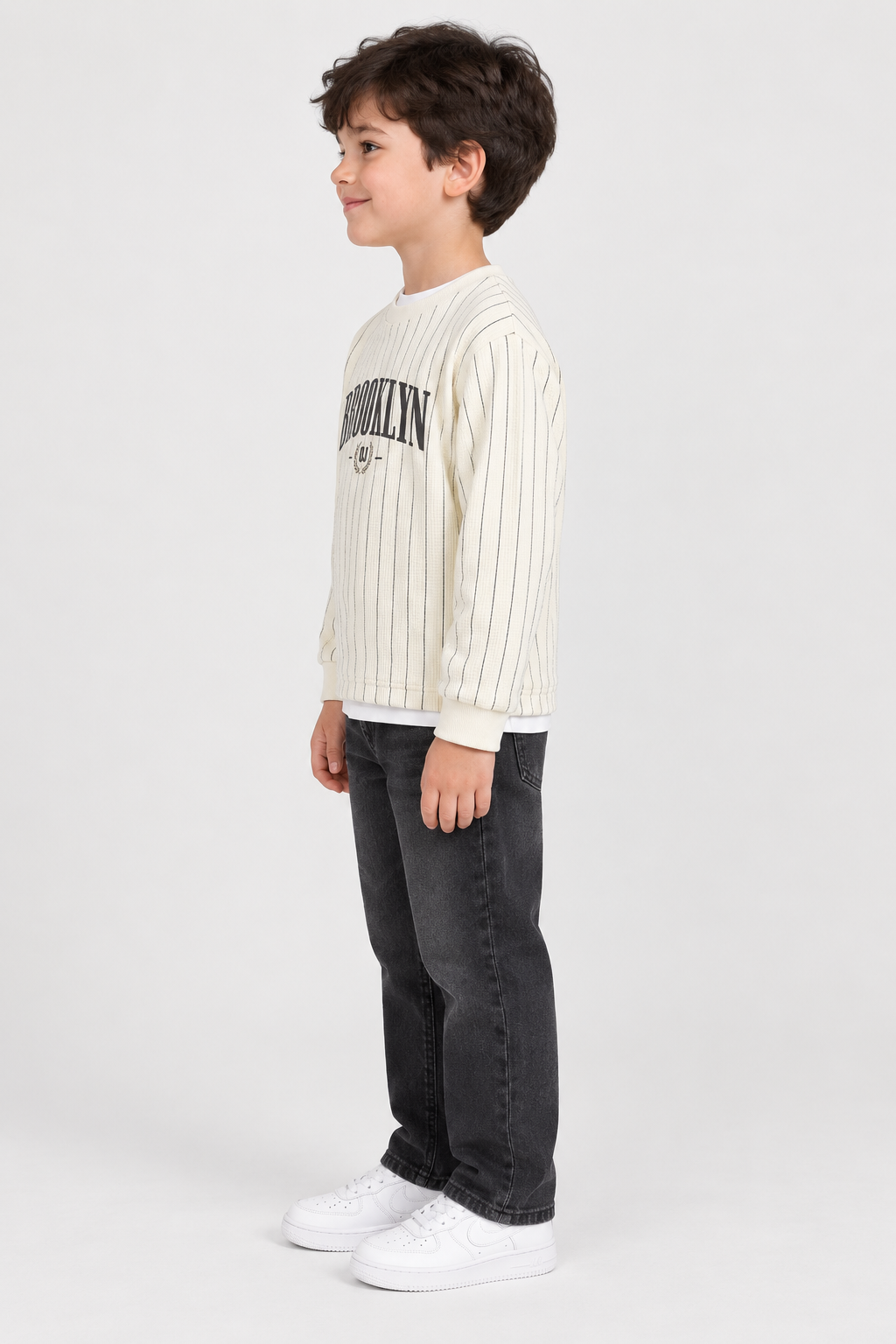 Junior Boys Cream Seersucker Full Sleeve T-Shirt – Regular Fit