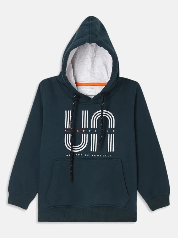 Octave Boys Teal Green Printed Hooded Sweatshirt