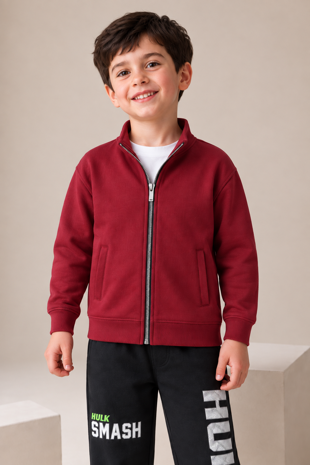 Junior Boys Merlot Melange German Velvet Full-Zip Sweatshirt – Regular Fit