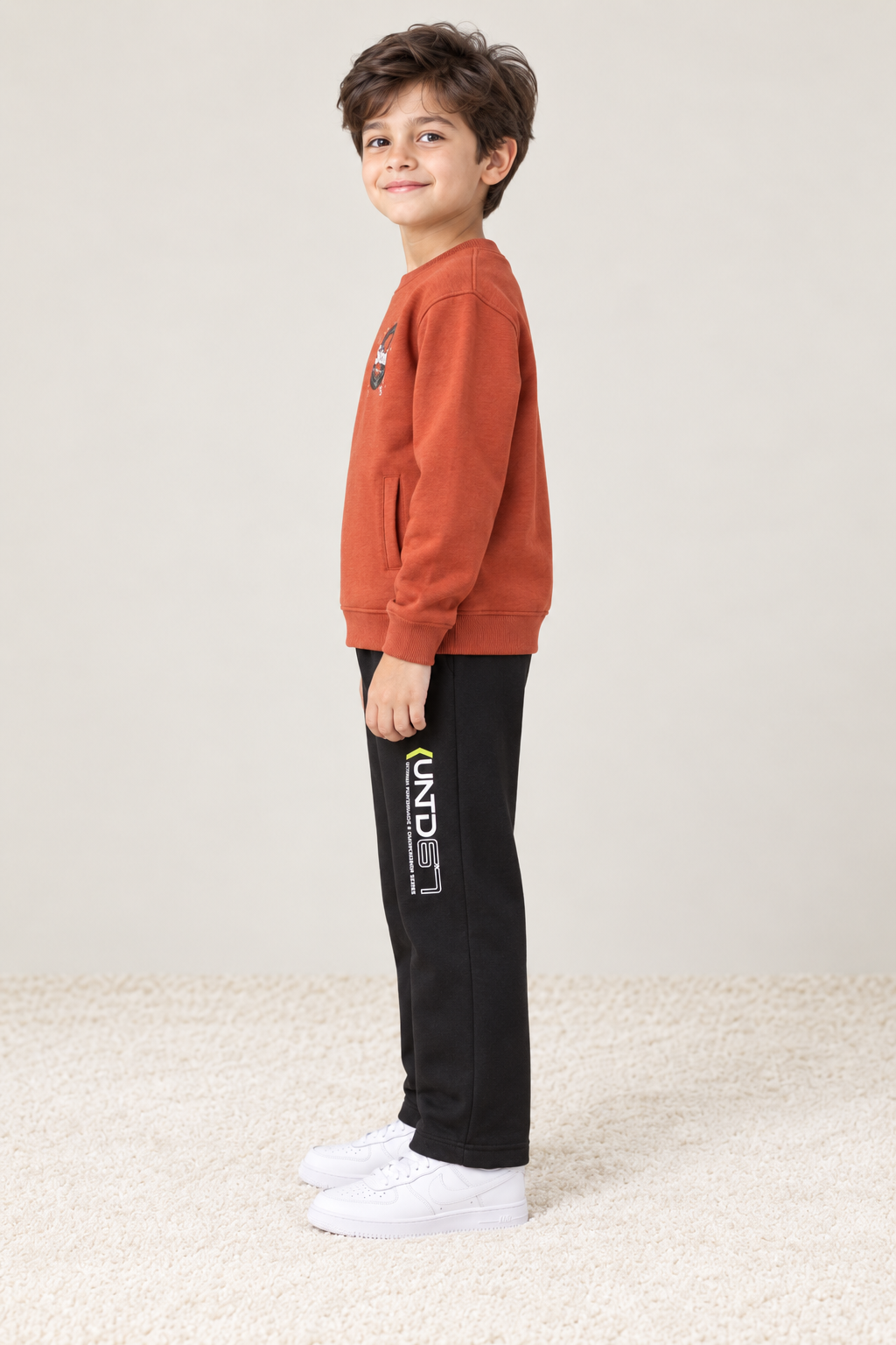 Junior Boy Knitted Brushed Cotton Light Rust Sweatshirt with Graphic Print