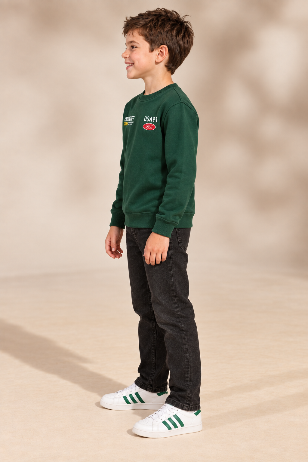 Junior Boys Hunter Green Graphic Sweatshirt – Cotton Brushed Fleece Regular Fit Crew Neck