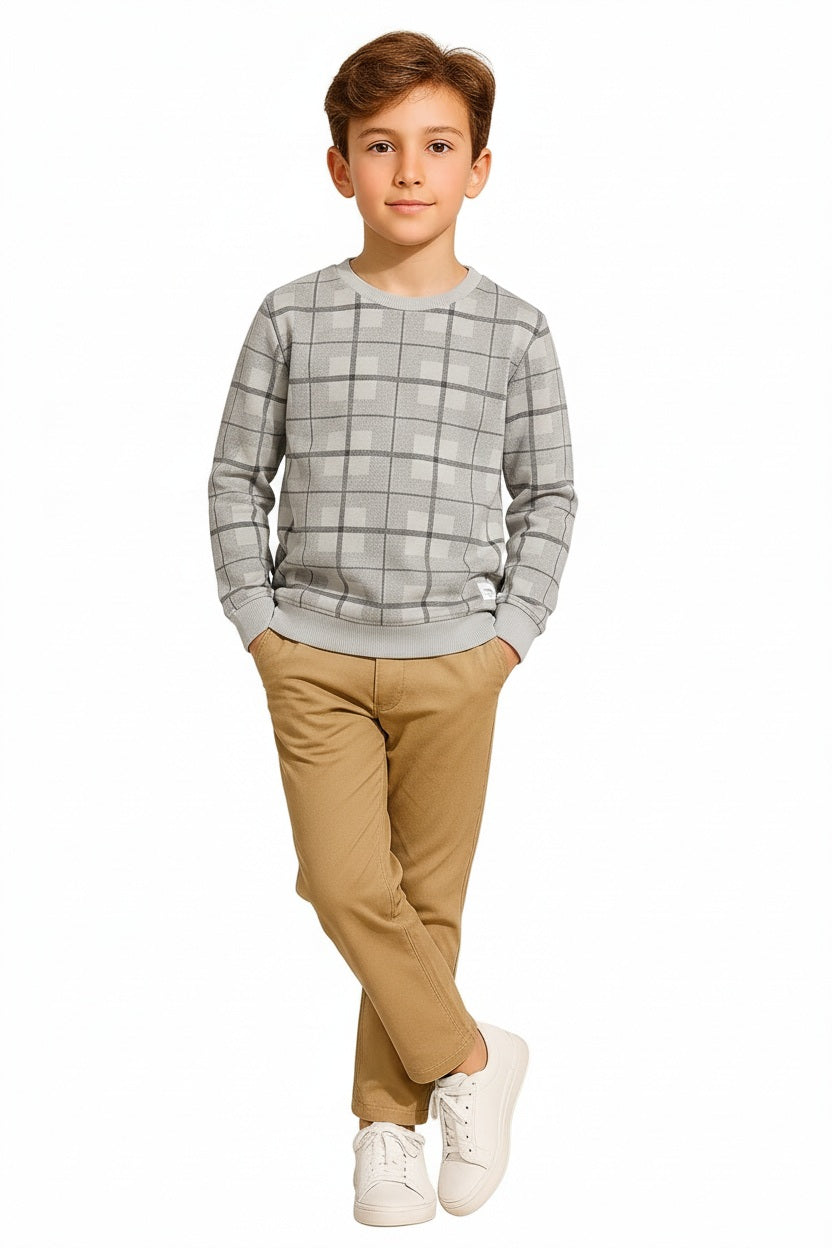 Boys Round Neck Checked Sweatshirt