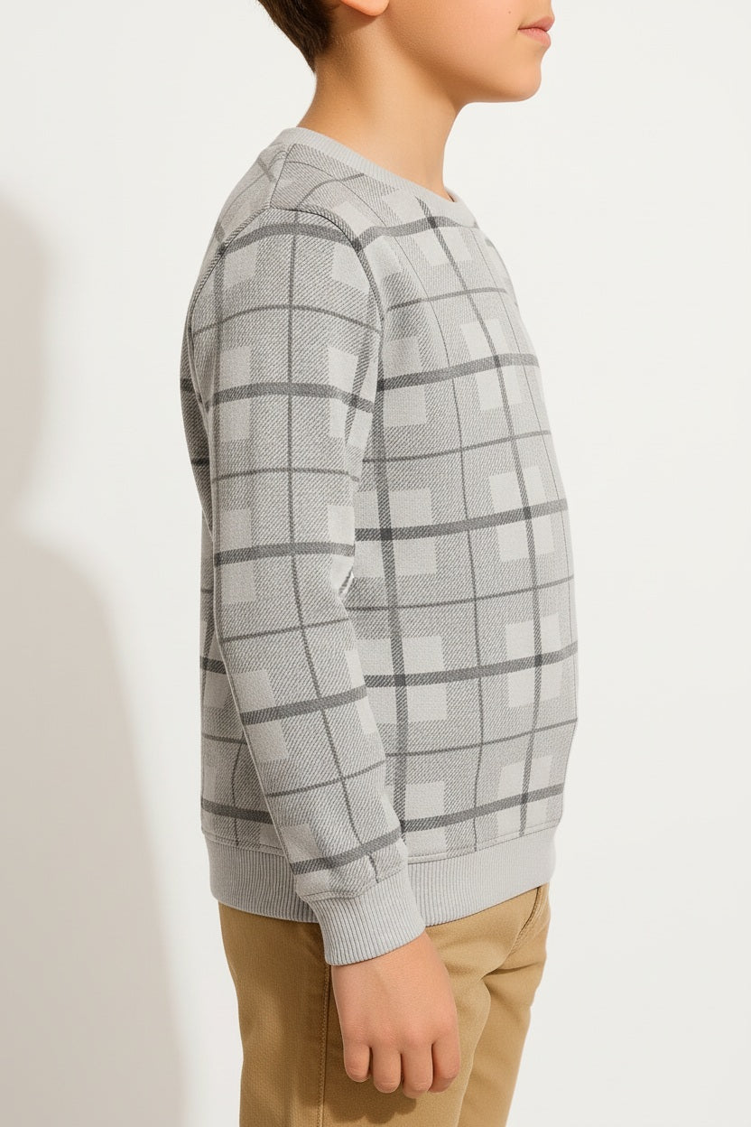 Boys Round Neck Checked Sweatshirt