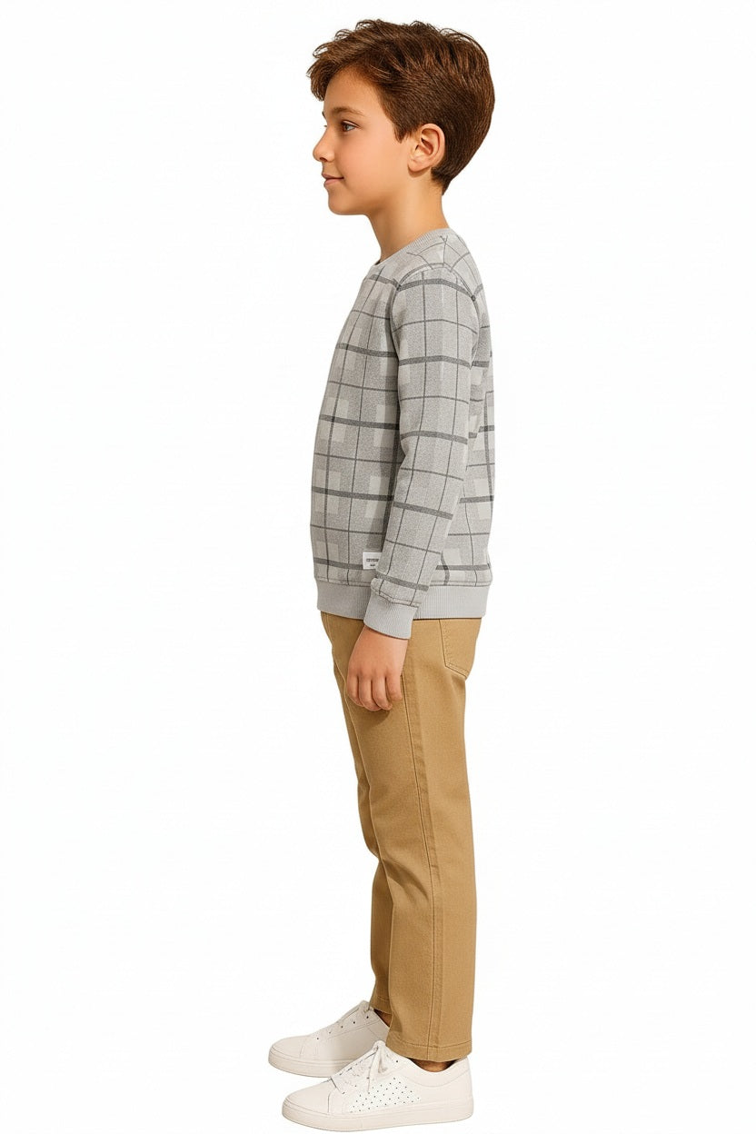 Boys Round Neck Checked Sweatshirt