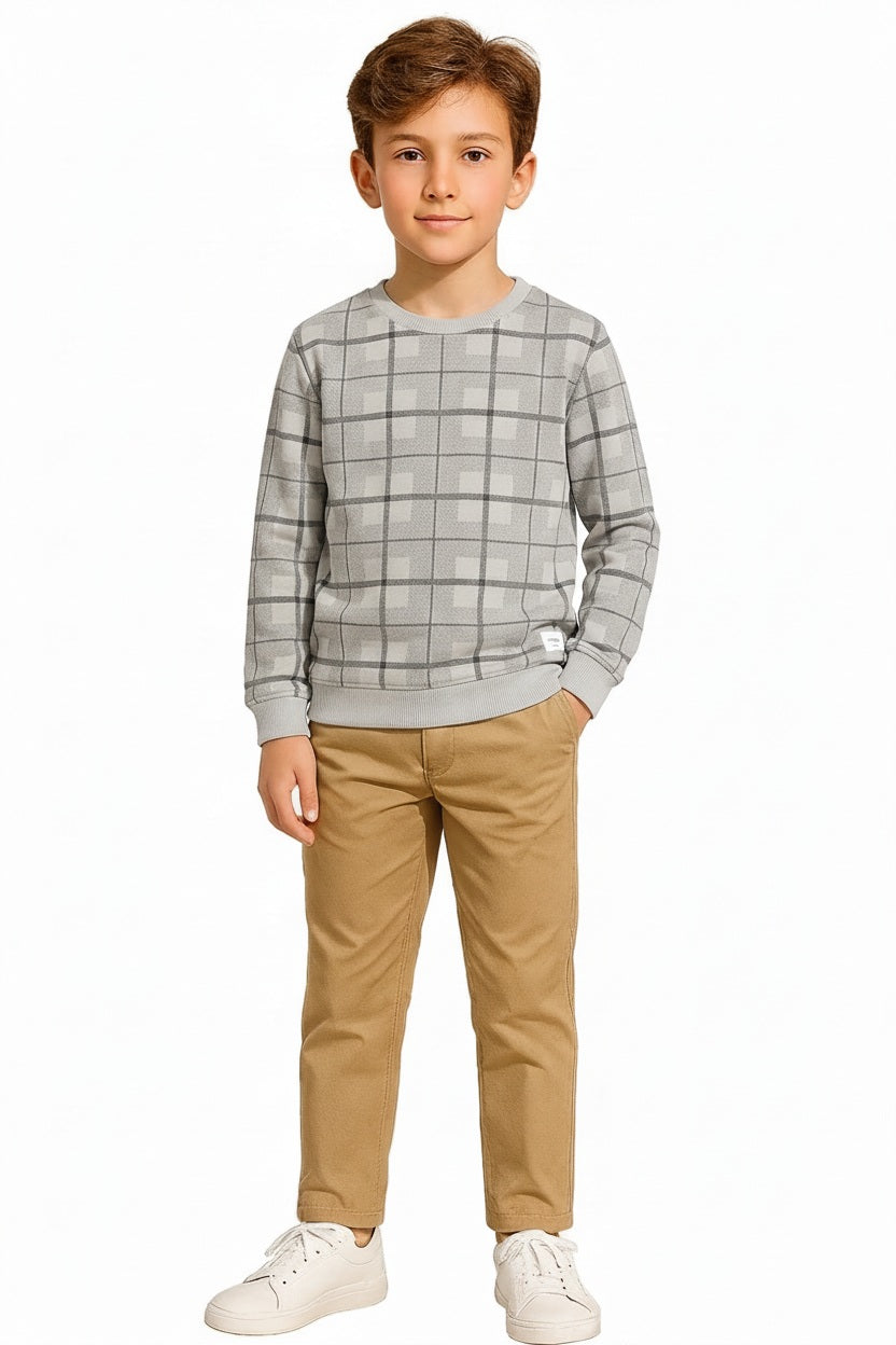 Boys Round Neck Checked Sweatshirt