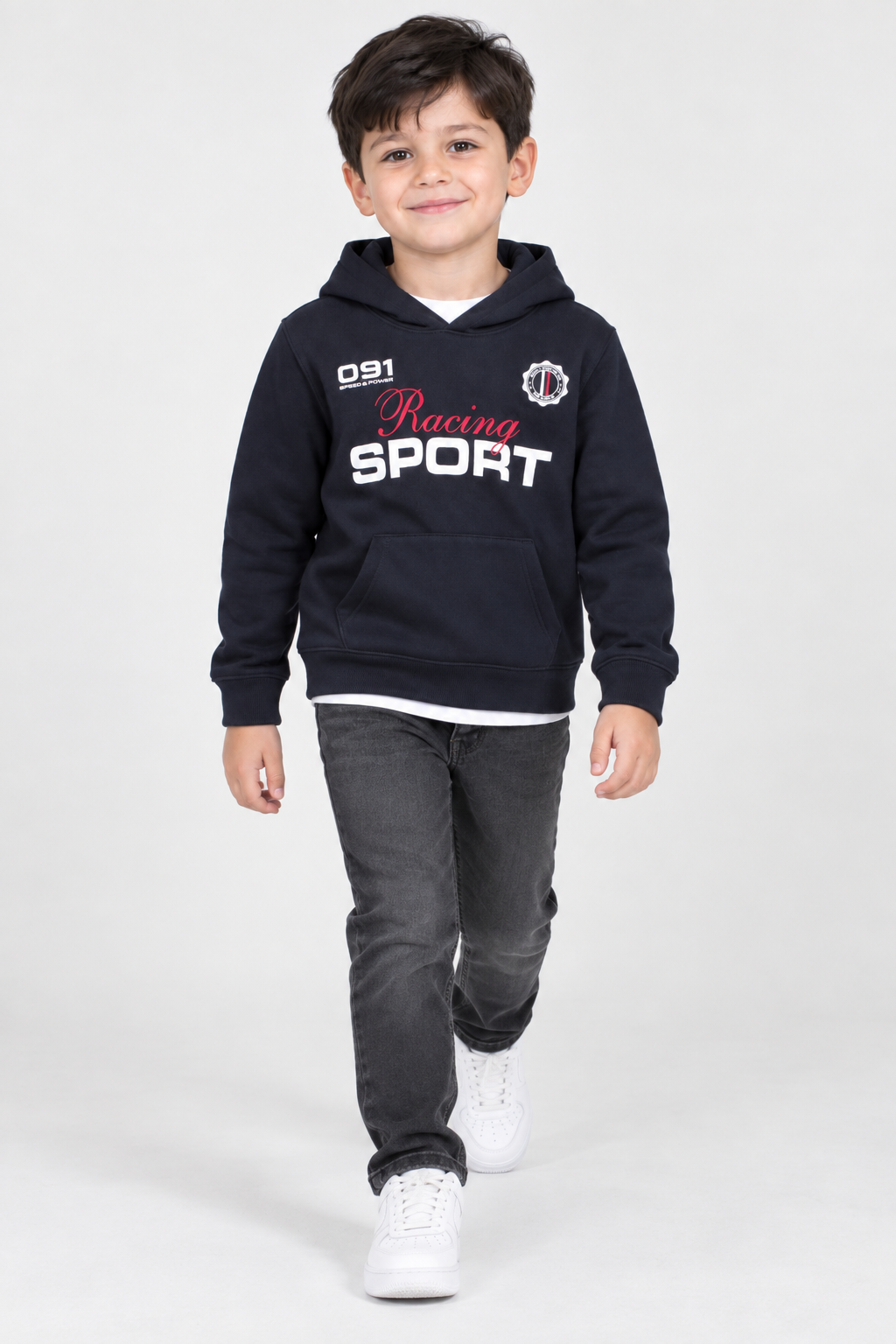 Junior Boys Navy Graphic Hoodie – Cotton Brushed Fleece Regular Fit