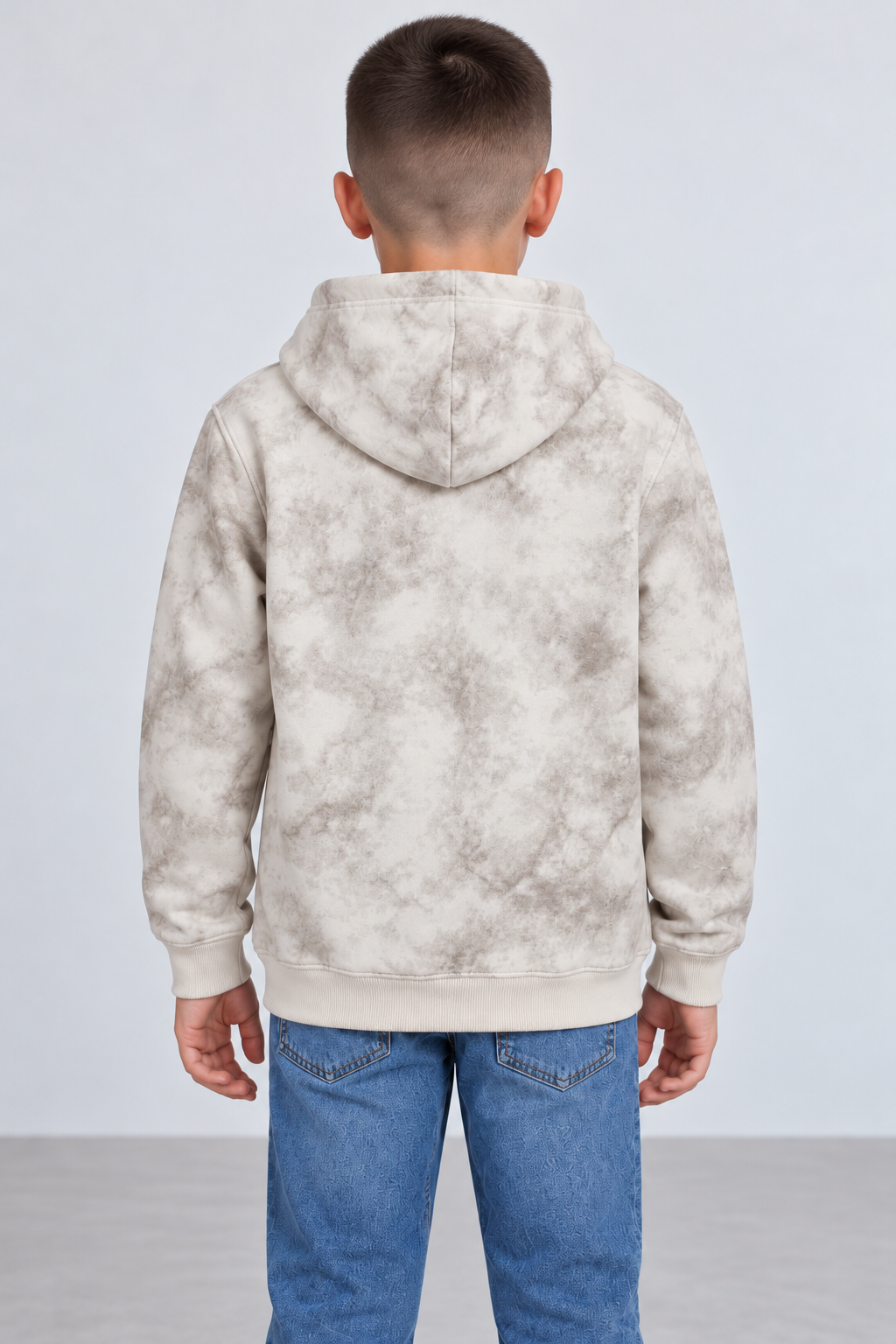 Junior Boy Knitted Brushed Cotton Cream Tie-Dye Hooded Sweatshirt with Graphic Print