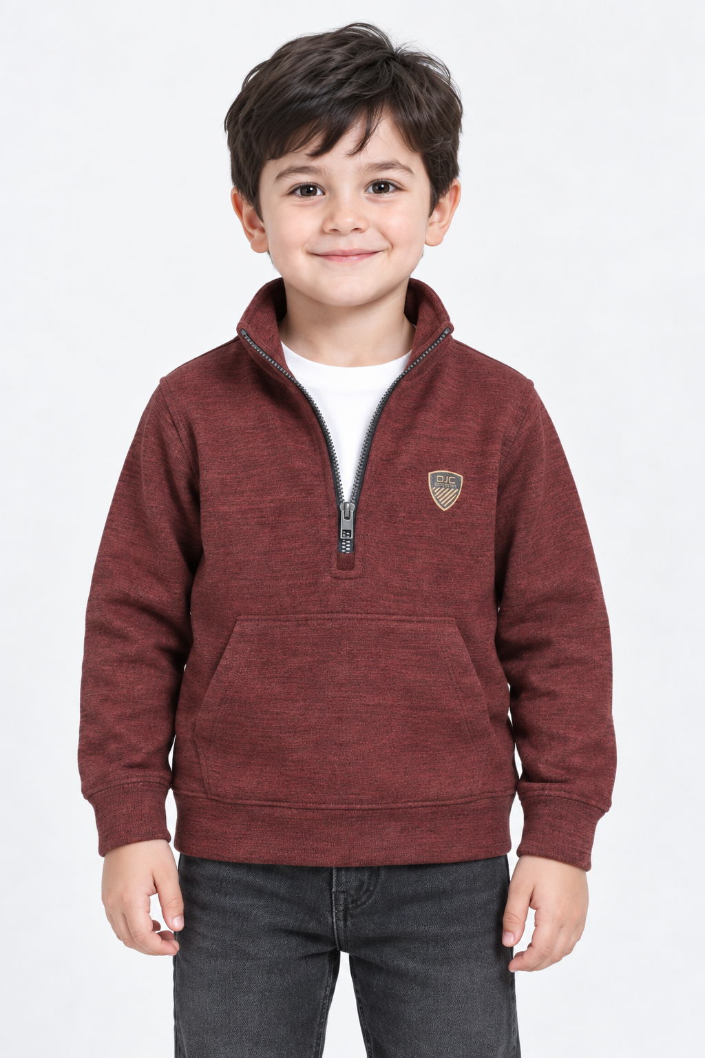 Junior Boys Merlot Melange Knitted Warm Fleece Quarter-Zip Sweatshirt – Regular Fit