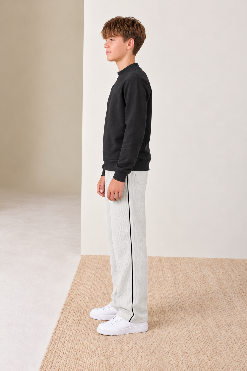Junior Boy Bonded Waffle Ultra Warm Onyx Track Pants with Drawstring Waist