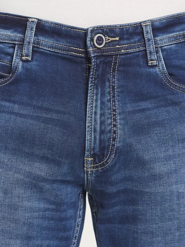 Octave Men Blue Straight Fit Low Distress Heavy Fade Stretchable Jeans