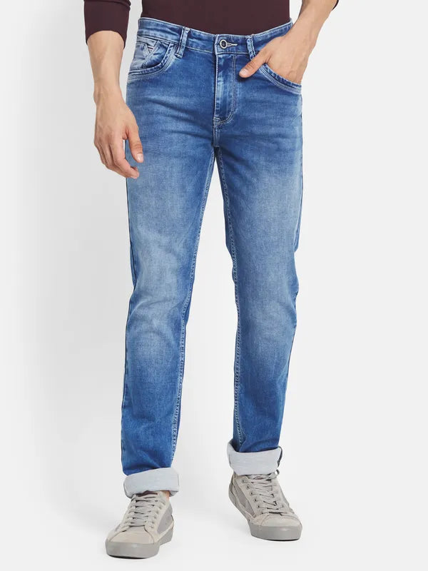 Octave Men Blue Straight Fit Heavy Fade Stretchable Cotton Jeans