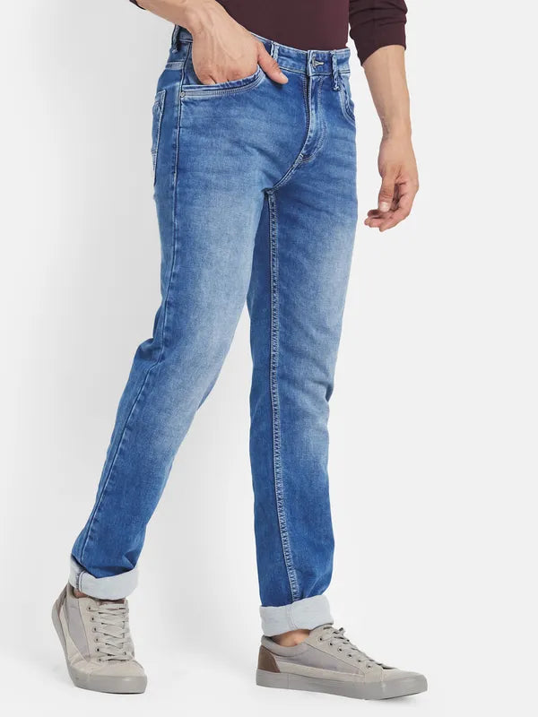 Octave Men Blue Straight Fit Heavy Fade Stretchable Cotton Jeans