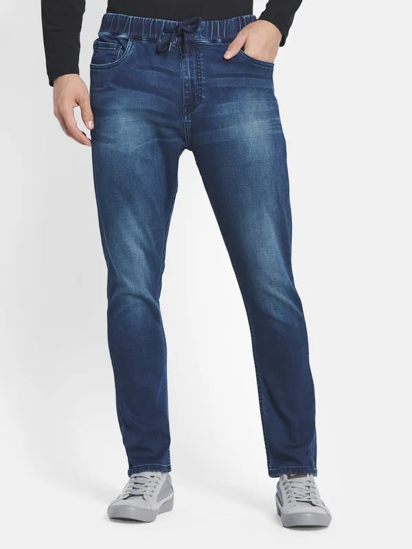 Men Blue Low Distress Heavy Fade Stretchable Jeans