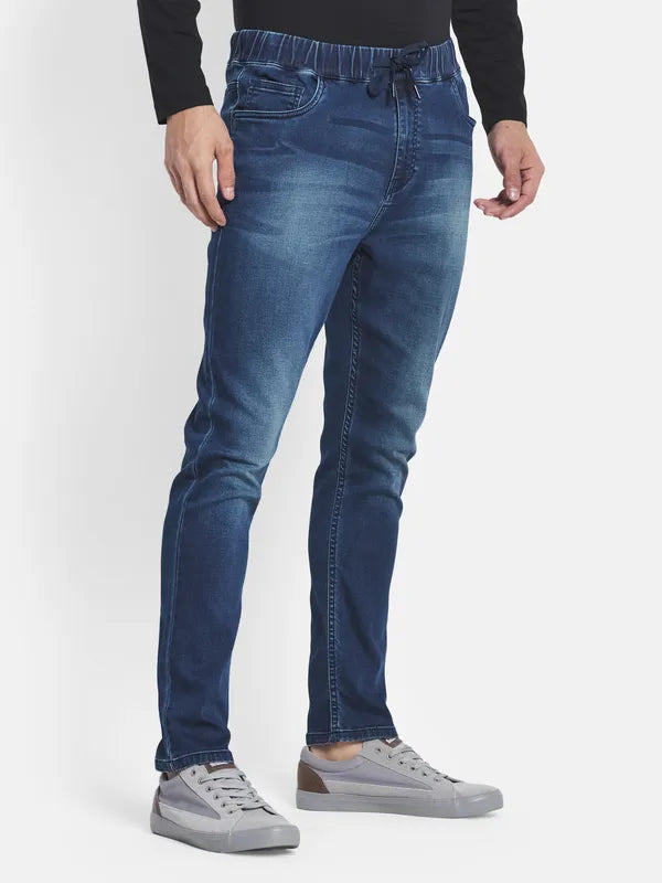 Men Blue Low Distress Heavy Fade Stretchable Jeans
