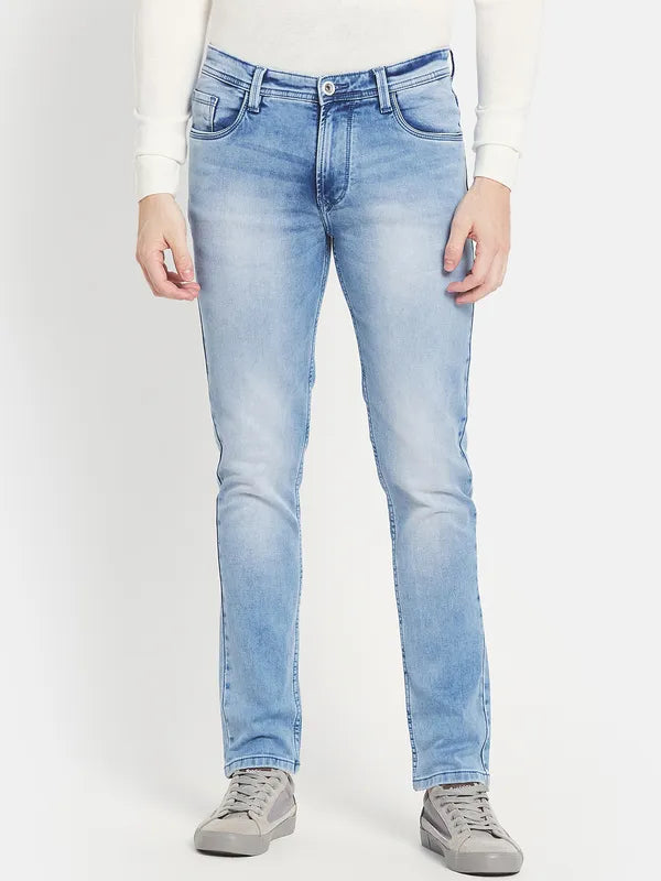 Men Blue Low Distress Heavy Fade Stretchable Jeans