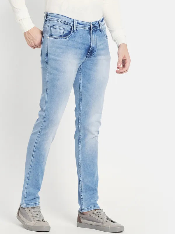 Men Blue Low Distress Heavy Fade Stretchable Jeans