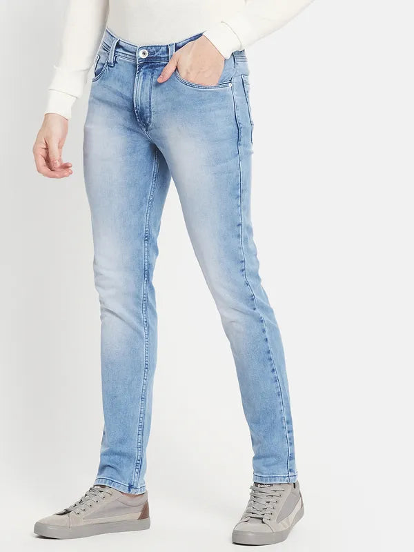 Men Blue Low Distress Heavy Fade Stretchable Jeans