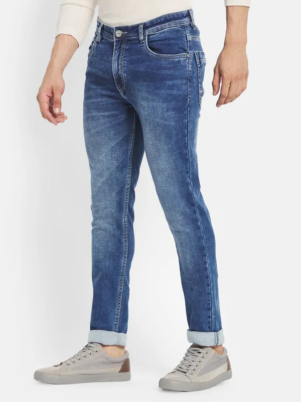 Octave Men Blue Straight Fit Heavy Fade Stretchable Cotton Jeans
