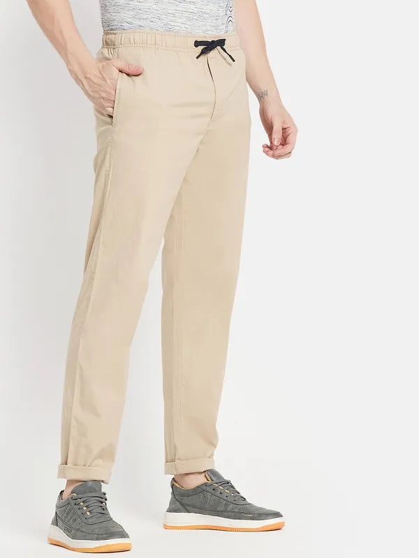 Men Cream-Colored Solid Cotton Track Pants