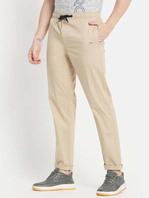 Men Cream-Colored Solid Cotton Track Pants
