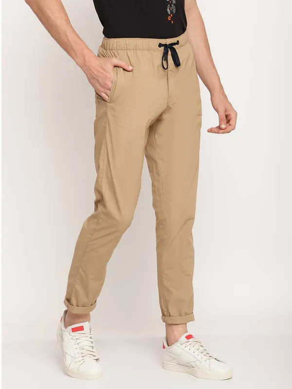 Octave Men Khaki Solid Regular Fit Cotton Track Pants