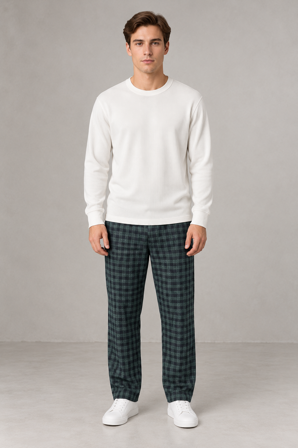 Men’s Yarn-Dyed Brushed Check Lower in Olive– Regular Fit Winter Trousers