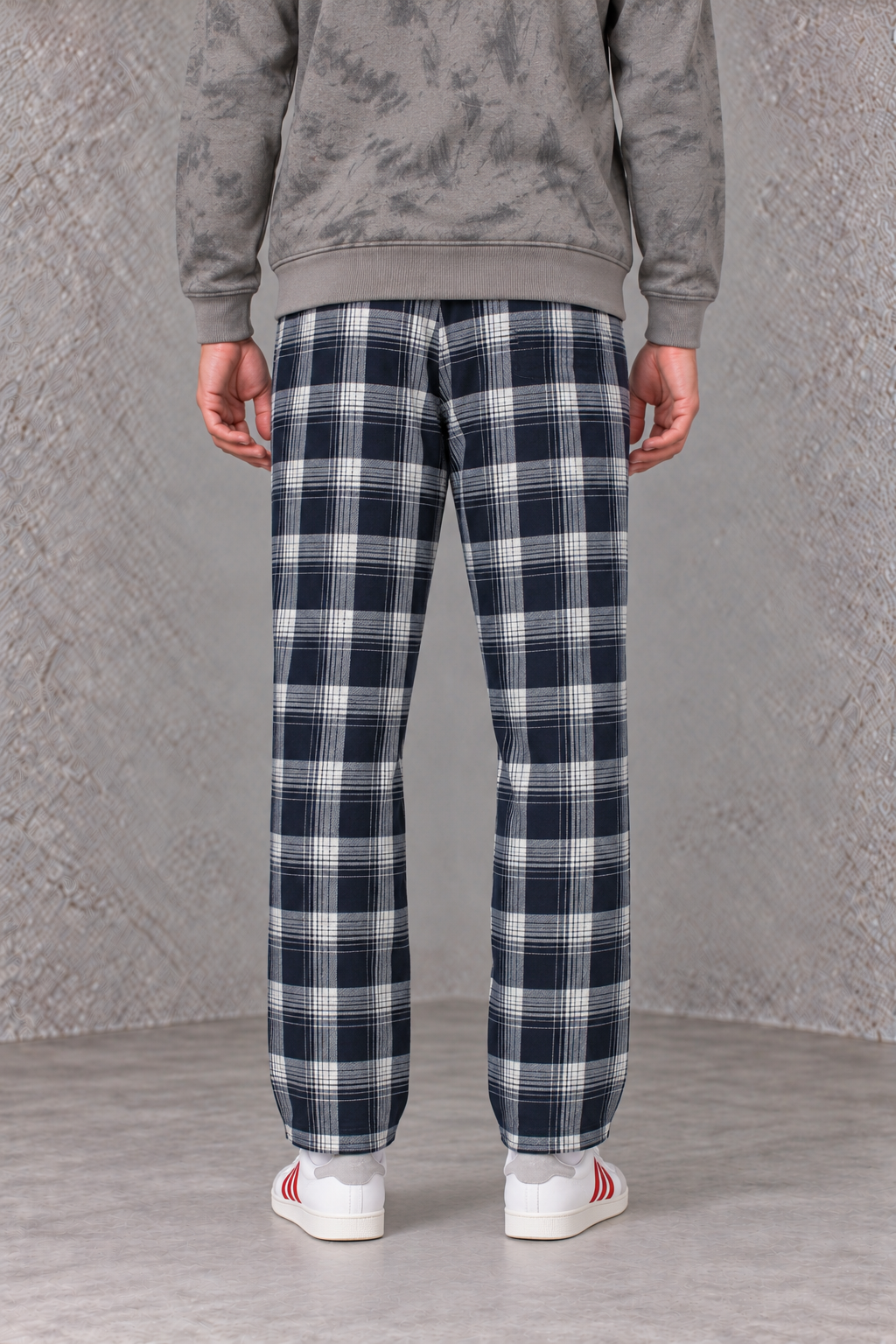 Men's Brushed Yarn Dyed Plaid Navy Blue Woven Lower with Drawstring Waist
