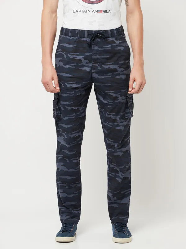 Octave Men Blue Black Camouflage Cotton Regular-Fit Track Pants