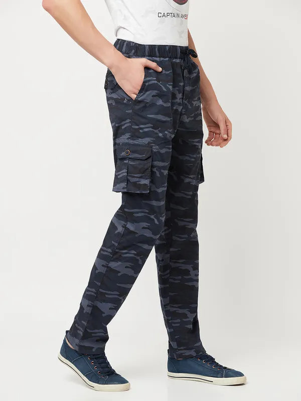 Octave Men Blue Black Camouflage Cotton Regular-Fit Track Pants