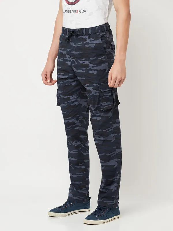 Octave Men Blue Black Camouflage Cotton Regular-Fit Track Pants