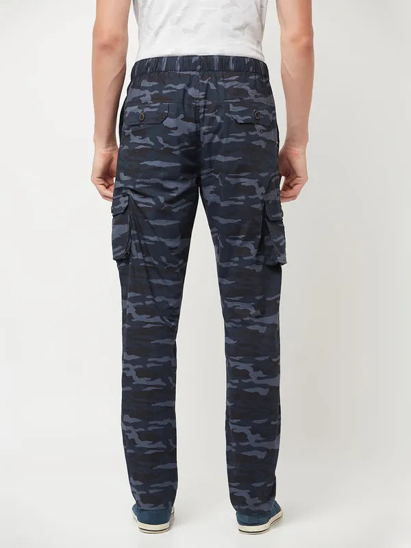 Octave Men Blue Black Camouflage Cotton Regular-Fit Track Pants