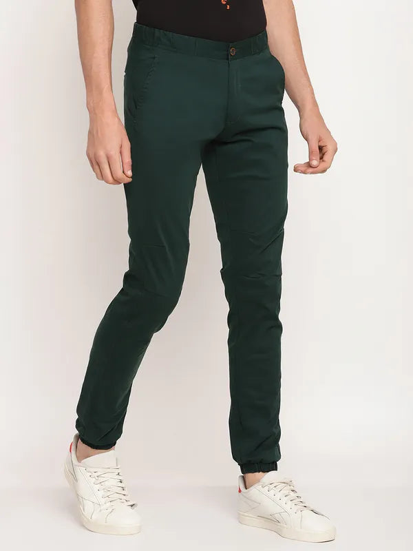 Octave Men Bottle Green Solid Cotton Track Pant