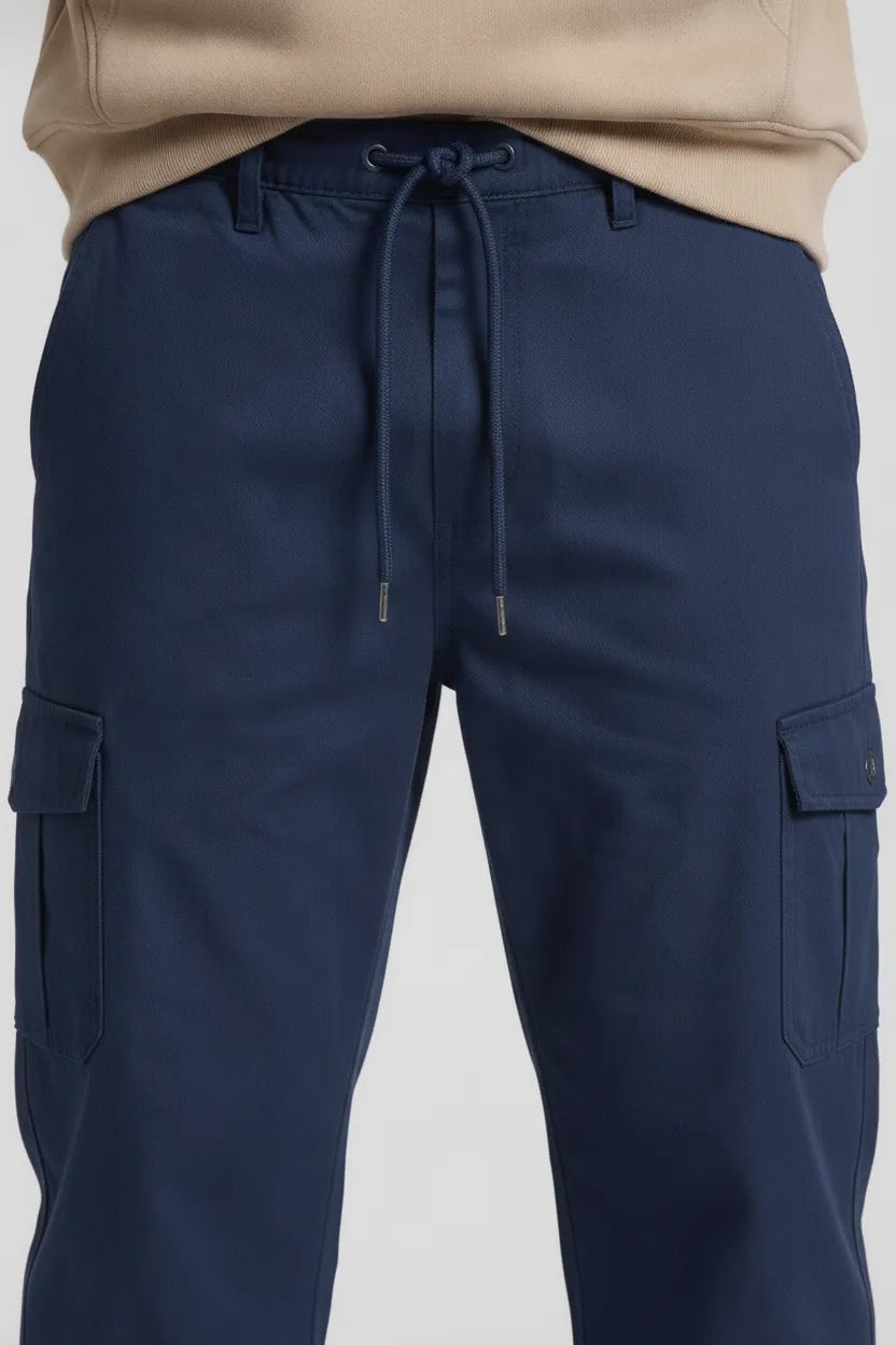 Men’s Poplin Lycra Cargo Lower in Navy – Regular Fit Utility Cargo Pants