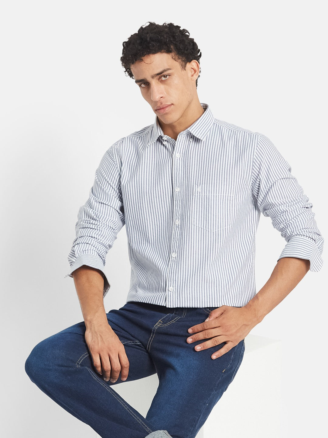 METTLE Men Vertical Striped Button-Down Collar Cotton Casual Shirt