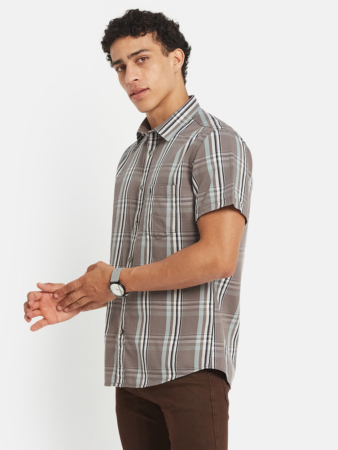 METTLE Men Tartan Checked Spread Collar Cotton Casual Shirt