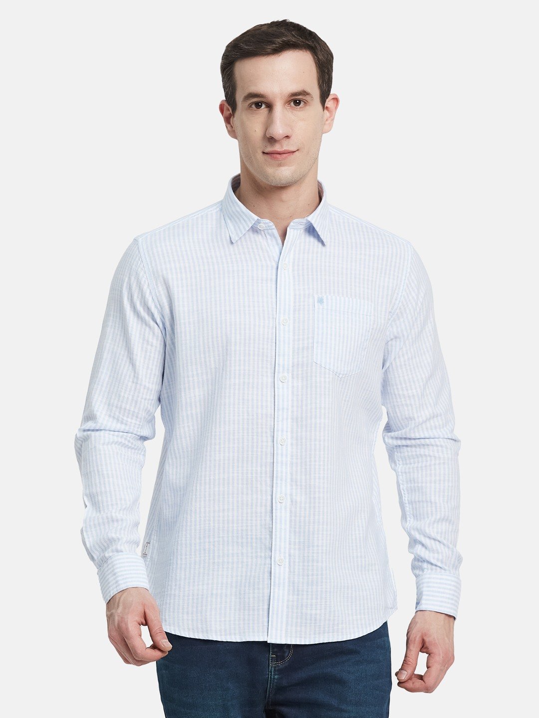 METTLE Men Spread Collar Vertical Striped Cotton Casual Shirt