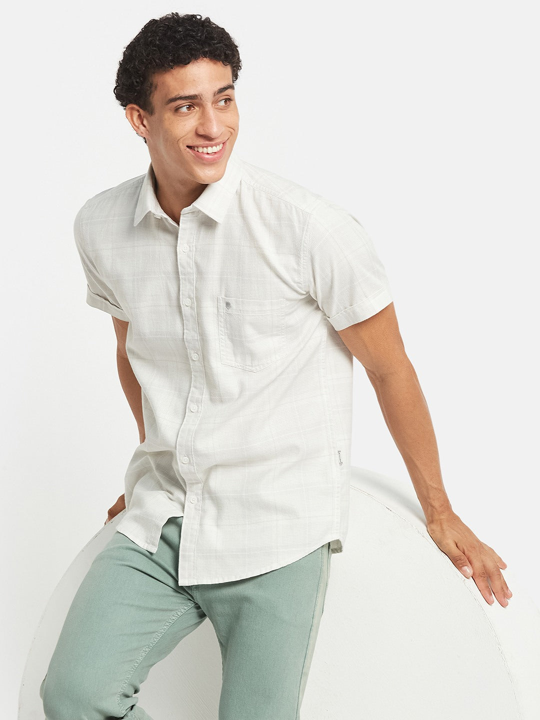 METTLE SS25 Checked Cotton Spread Collar Casual Shirt