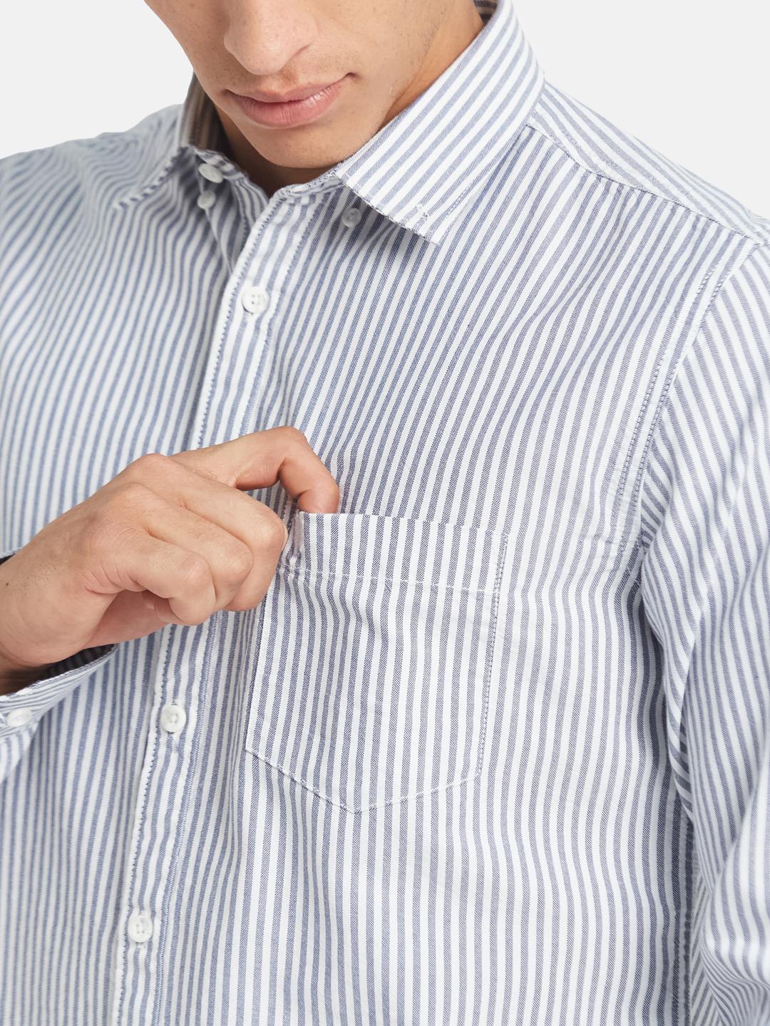 METTLE Men Vertical Striped Button-Down Collar Cotton Casual Shirt