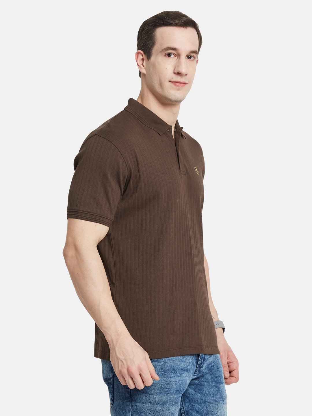 VERTICAL STRIPE POLO NECK RIB STRUCTURE T-SHIRT