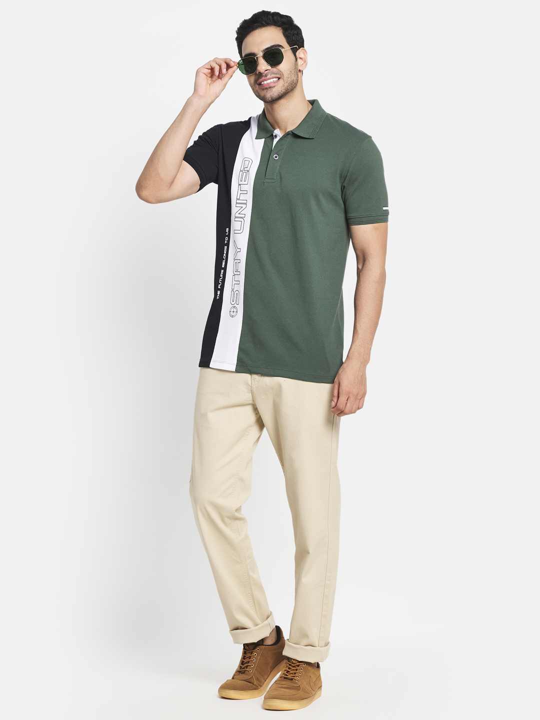Octave Men Olive Green Colourblocked Polo Collar Applique T-Shirt