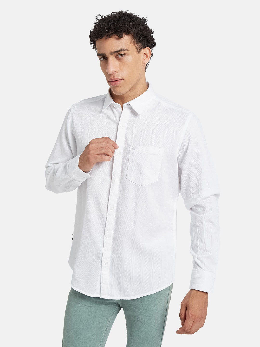 METTLE Men Textured Spread Collar Cotton Casual Shirt