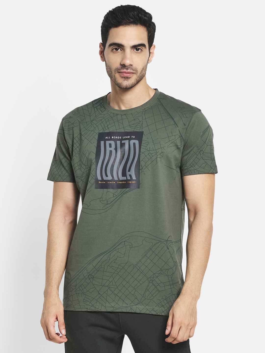 Octave Men Olive Green  Goblin Blue Typography Printed Raw Edge T-Shirt