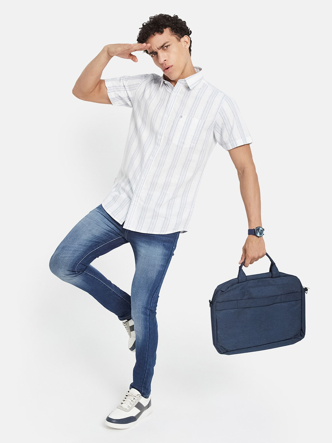 METTLE Striped Short Sleeves Spread Collar Cotton Opaque Regular Fit Casual Shirt