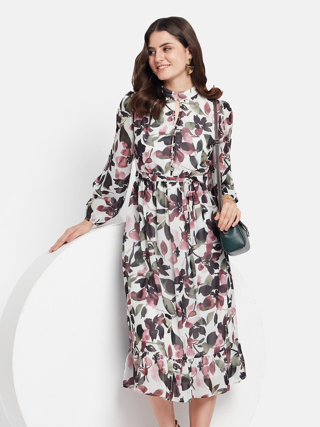 METTLE Floral Printed Mock Neck Puff Sleeves Cotton Fit & Flare Midi Dress