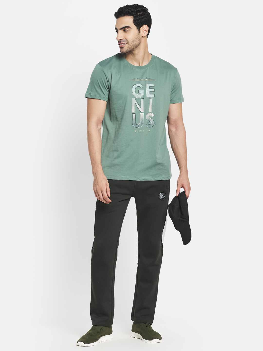 Octave Men Olive Green Typography Printed Raw Edge T-Shirt
