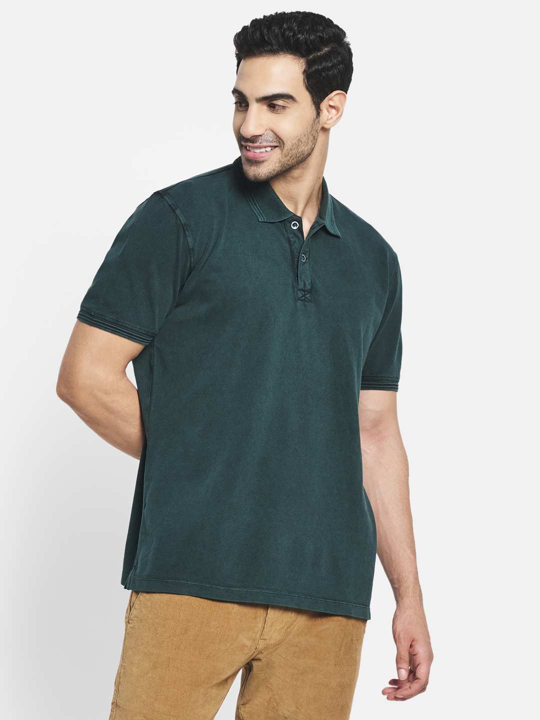 Octave Men Green Checked Polo Collar T-Shirt